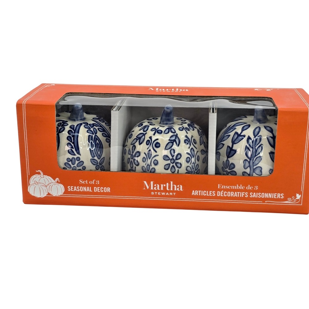Martha Stewart Home Set of 3 Ceramic Pumpkins Blue White Floral Fall Decor NEW